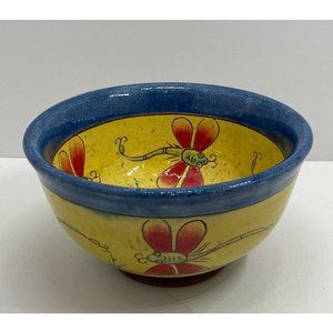 Redware Dragonfly Yellow Blue Glazed Pottery Bowl 6 inch diameter